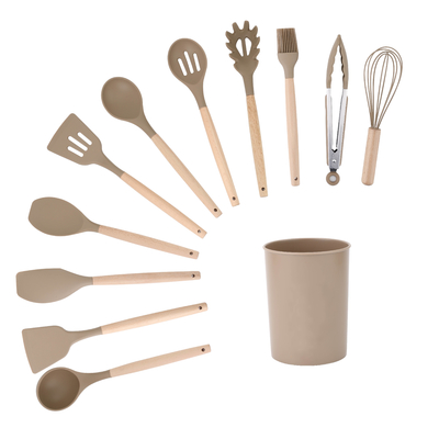 Wooden Handle Kitchen Utensil Set with Holder Box and Non Stick Silicone Cooking Tools