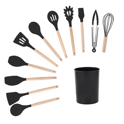 Wooden Handle Kitchen Utensil Set with Holder Box and Non Stick Silicone Cooking Tools