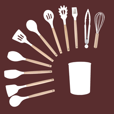 Wooden Handle Kitchen Utensil Set with Holder Box and Non Stick Silicone Cooking Tools