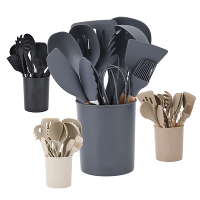 Wooden Handle Kitchen Utensil Set with Holder Box and Non Stick Silicone Cooking Tools