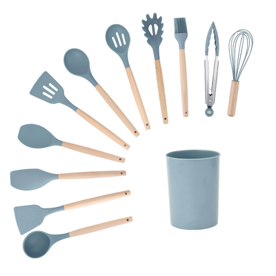 11Pcs Wooden Handle Silicone Kitchen Tools Set for 210 Degree High Temperature Cooking