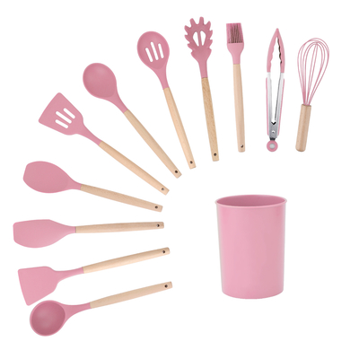 11Pcs Wooden Handle Silicone Kitchen Tools Set for 210 Degree High Temperature Cooking