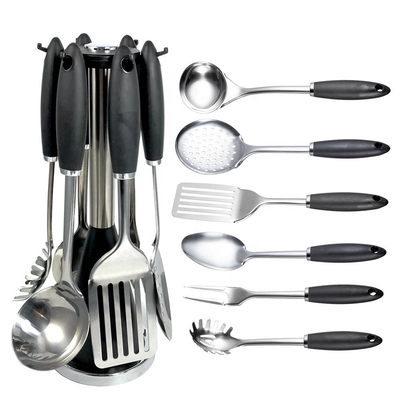 TPR Plastic Handle 7 Piece Stainless Steel Kitchen Utensils Set for All Cookware
