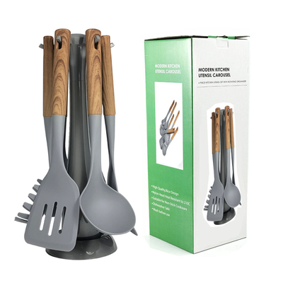Silk Printing or Debossed Logo Luxurious Wood Handle Gray Cooking Kitchen Utensils Set