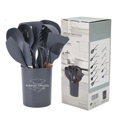 Silk Printing or Debossed Logo 12PCS Silicone Kitchen Utensils Set with Plastic Holder