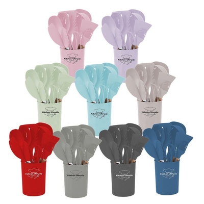 Silk Printing or Debossed Logo 12PCS Silicone Kitchen Utensils Set with Plastic Holder