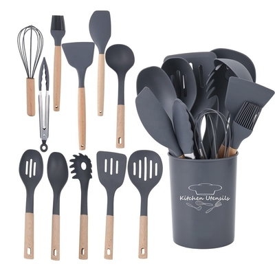 Non-stick Cooking Tools 12pcs Silicon Kitchen Utensil Set with Bucket and Wood Handle