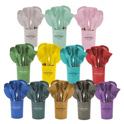 Non-stick Cooking Tools 12pcs Silicon Kitchen Utensil Set with Bucket and Wood Handle