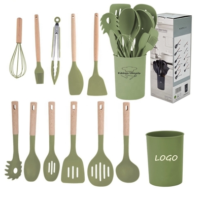 Non-stick Cooking Tools 12pcs Silicon Kitchen Utensil Set with Bucket and Wood Handle